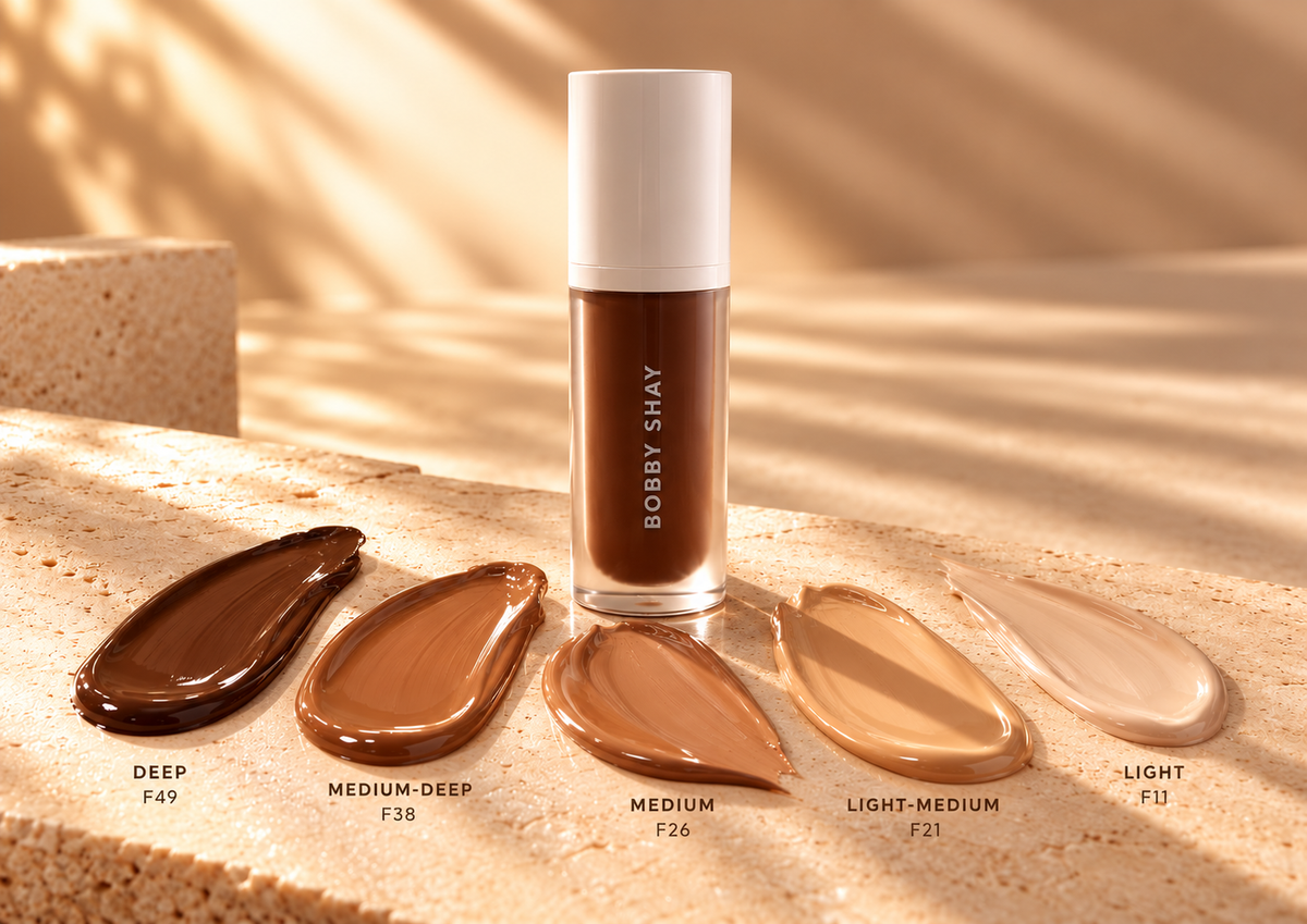 Bobby Shay Beauty liquid foundation in deep F49 beside five formula swatches: Deep F49, Medium-Deep F38, Medium F26, Light-Medium F21 and Light F11