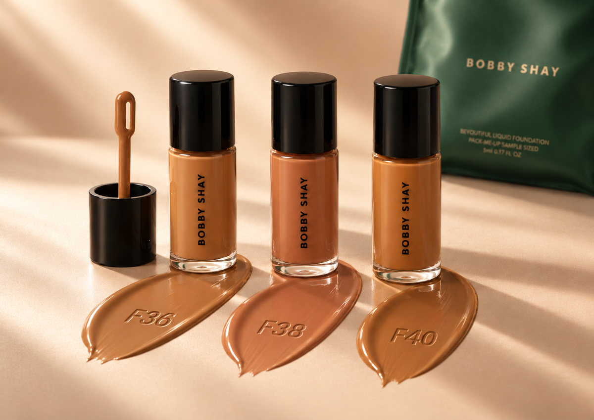 Bobby Shay Beauty Tri-Sampler in F36, F38 and F40 with formula swatches and applicator