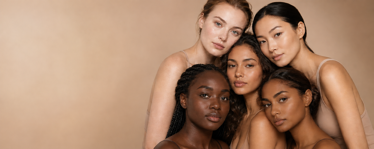 Five beauty models across diverse skin tones, with a deep-complexion model leading in the foreground