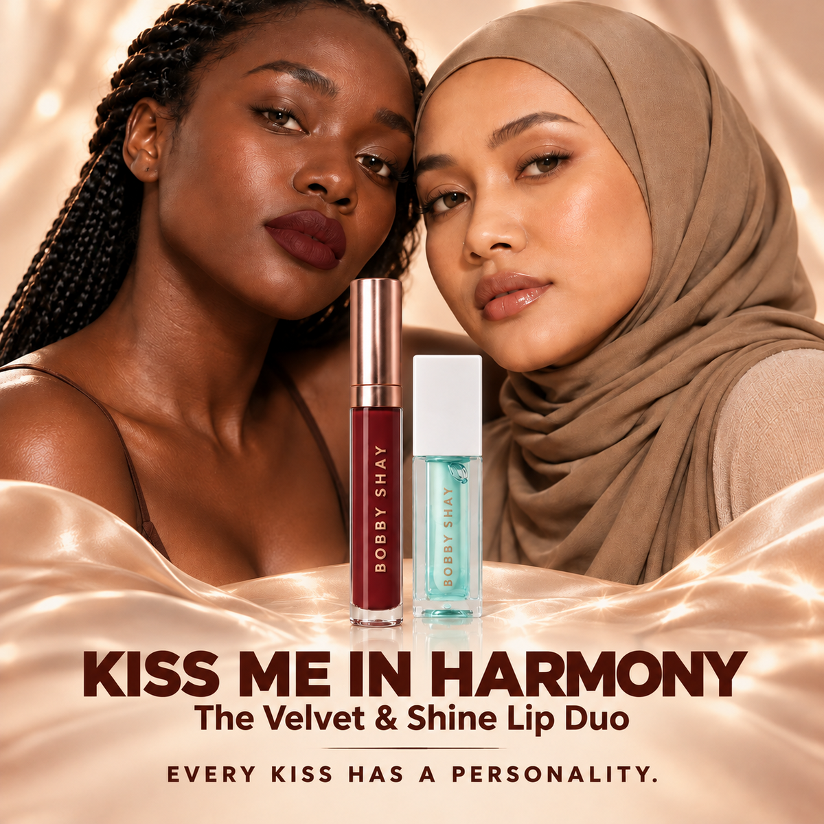 Hijab model wearing Bobby Shay lip colour, from the Kiss Me In Harmony campaign