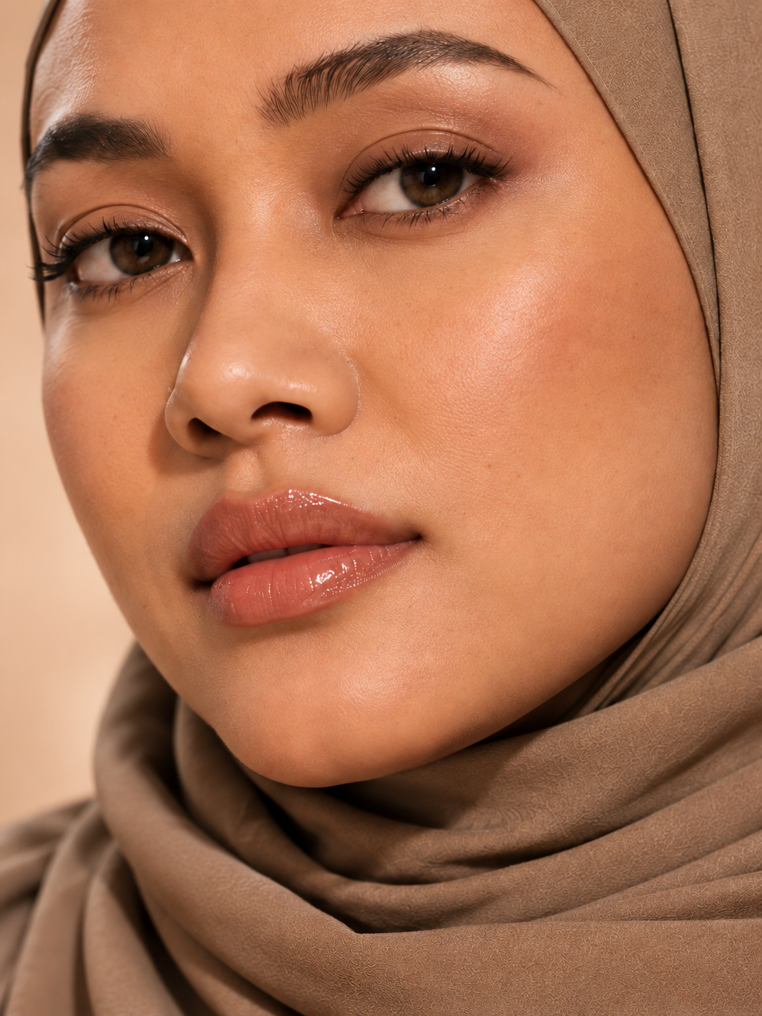 Close-up portrait of a hijab-wearing model wearing rosy-nude lip oil for Bobby Shay Beauty