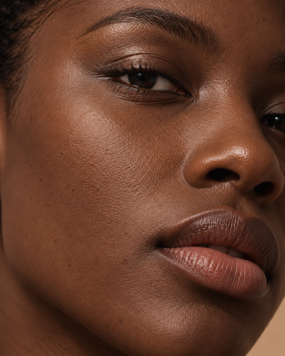 Close-up of rich deep skin with a realistic soft-matte foundation finish